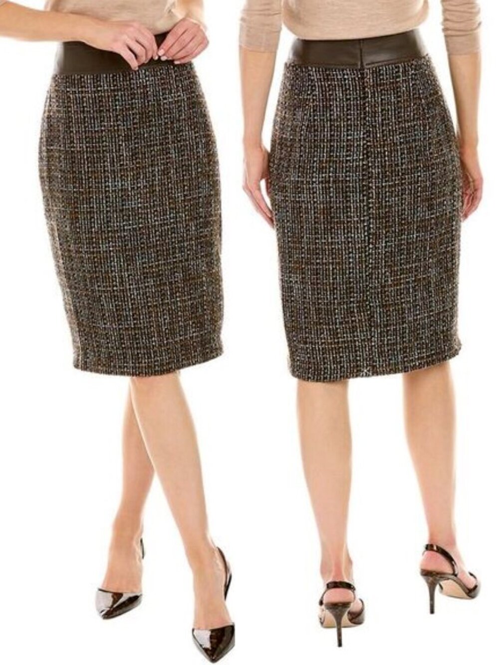 J. McLaughlin Maryl Skirt Brown Tweed Pencil Career Knee Length Skirt Size 4